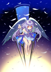 Rule 34 | 1girl, bad id, bad pixiv id, bare shoulders, barefoot, bottomless, chair, character request, feathers, highres, kimura daisuke, purple hair, red eyes, sitting, solo, wings