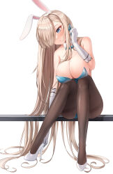 Rule 34 | 1girl, 29hyeon, absurdres, animal ears, aqua bow, aqua bowtie, aqua ribbon, arm at side, asuna (blue archive), asuna (bunny) (blue archive), blue archive, blue eyes, blue leotard, bow, bowtie, breasts, brown pantyhose, cleavage, closed mouth, commentary request, detached collar, dot nose, fake animal ears, gloves, hair ornament, hair over one eye, hair ribbon, hand up, head tilt, high heels, highleg, highleg leotard, highres, knees together feet apart, large breasts, leotard, light brown hair, long bangs, long hair, long legs, mole, mole on breast, official alternate costume, pantyhose, parted bangs, playboy bunny, ribbon, sagging breasts, simple background, sitting, solo, stiletto heels, strapless, strapless leotard, thighs, very long hair, white background, white footwear, white gloves