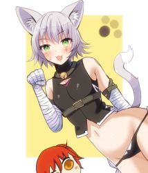 Rule 34 | 2girls, animal ears, arm belt, bandaged arm, bandages, bare shoulders, black panties, bow, breasts, facial scar, fate/apocrypha, fate/grand order, fate (series), fujimaru ritsuka (female), green eyes, grey hair, jack the ripper (fate/apocrypha), kuzaki kaede, looking at viewer, multiple girls, open mouth, panties, scar, scar across eye, scar on cheek, scar on face, short hair, shoulder tattoo, small breasts, smile, solo, tail, tattoo, underwear