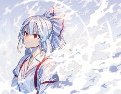 Rule 34 | 1girl, bow, closed mouth, collared shirt, commentary, fujiwara no mokou, grey hair, hair bow, long hair, long sleeves, red eyes, shirt, sleeve garter, solo, suspenders, touhou, upper body, white bow, white shirt, zounose