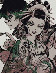 Rule 34 | 1boy, 1girl, absurdres, blood, bloody weapon, brother and sister, clenched teeth, daki (kimetsu no yaiba), dragon, dragon print, eastern dragon, egyuuu, facial mark, floral print, green eyes, green hair, gyuutarou (kimetsu no yaiba), hair ornament, hair pulled back, hair stick, hand up, hands up, highres, holding, holding scythe, holding weapon, japanese clothes, kimetsu no yaiba, kimono, limited palette, long hair, long sleeves, looking at viewer, looking away, nail polish, nihongami, obi, open mouth, profile, sash, scarf, scythe, sharp teeth, siblings, sideways glance, simple background, slit pupils, teeth, updo, upper body, weapon, wide sleeves