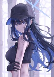 Rule 34 | 1girl, absurdres, baseball cap, black gloves, black hair, black shirt, blue archive, blue eyes, blue hair, breasts, colored inner hair, cropped shirt, from side, gloves, halo, hat, highres, holding own arm, indoors, injury, long hair, looking at viewer, looking back, medium breasts, multicolored hair, parted lips, saori (blue archive), shirt, simoumi 217, sleeveless, sleeveless shirt, solo, two-tone hair, upper body