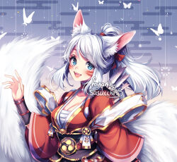 Rule 34 | 1girl, animal ear fluff, animal ears, arm at side, arrow (projectile), blue eyes, blush, breasts, bug, butterfly, cleavage, collarbone, facial mark, fangs, hair ribbon, hakurou (onmyoji), hand up, insect, japanese clothes, kimono, medium breasts, medium hair, official alternate costume, onmyoji, open mouth, ponytail, red kimono, red ribbon, ribbon, sasucchi95, smile, solo, tail, teeth, turtleneck, upper body, upper teeth only, white butterfly, white hair, white tail, wolf ears, wolf girl, wolf tail