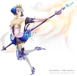 Rule 34 | 1girl, armor, aura, bare shoulders, bone, boots, breasts, collar, crown, dress, dress shirt, elbow gloves, feathers, female focus, full body, gloves, gradient background, gwendolyn (odin sphere), hair ornament, long hair, odin sphere, polearm, purple eyes, shirt, solo, spear, strapless, strapless dress, thigh boots, thighhighs, weapon, white background, white hair, wings