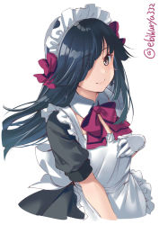 Rule 34 | 1girl, alternate costume, apron, black dress, black hair, blush, brown eyes, cropped torso, dress, ebifurya, enmaided, eyes visible through hair, gloves, hayashimo (kancolle), highres, kantai collection, long hair, maid, maid apron, maid headdress, one-hour drawing challenge, short sleeves, simple background, smile, solo, twitter username, white apron, white background, white gloves