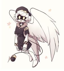 Rule 34 | 1boy, black jacket, coat, colored skin, fang, feathered wings, glitch productions, hat, highres, jacket, looking at viewer, mechanical tail, murder drones, n (murder drones), robot, solo, tail, white hair, wings, yellow eyes