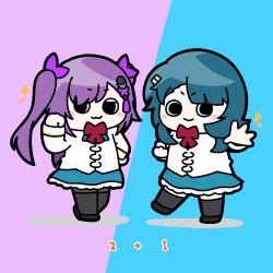 Rule 34 | &gt;:), 2girls, :&gt;, :3, aizawa kazuha, assault lily, asymmetrical hair, black footwear, black thighhighs, blue background, blue hair, blue skirt, blush, bow, bowtie, brown pantyhose, chibi, closed mouth, commentary, full body, hair flip, hair ornament, hair ribbon, hairclip, half-closed eyes, hand on own hip, hands up, heel up, herensuge girls academy school uniform, highres, jacket, konpeitoull (c12h22o11 tr 6), leg up, long hair, long sleeves, looking at viewer, math, matsumura fuuka, medium hair, miniskirt, multiple girls, notice lines, open hand, outstretched arm, pantyhose, purple background, purple hair, purple ribbon, red bow, red bowtie, ribbon, school uniform, shoes, skirt, smile, solid circle eyes, sparkle, standing, standing on one leg, tassel, tassel hair ornament, thighhighs, thighhighs over pantyhose, twintails, two-tone background, v-shaped eyebrows, white jacket
