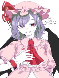 Rule 34 | 1girl, bat wings, character name, hat, highres, mob cap, pink hat, pink shirt, puffy short sleeves, puffy sleeves, purple hair, red eyes, red nails, remilia scarlet, shirt, short hair, short sleeves, simple background, smile, solo, touhou, upper body, white background, wings, yagisan1578