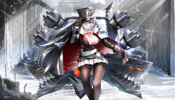 Rule 34 | 1girl, azur lane, belt, black gloves, black pantyhose, breasts, cannon, cape, cleavage, closed mouth, cross, expressionless, floating hair, fur-trimmed cape, fur trim, gloves, graf zeppelin (azur lane), hair between eyes, hand on headwear, hat, highres, iron cross, jacket, large breasts, light rays, long hair, looking at viewer, machinery, mid-stride, military, military uniform, naka (nakamaru ak), pantyhose, peaked cap, pleated skirt, red eyes, rigging, ripples, sidelocks, signature, silver hair, skirt, solo, turret, uniform, very long hair, walking, water, white skirt, wind, wind lift