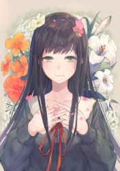 Rule 34 | 1girl, black hair, black shirt, blouse, closed mouth, commentary request, flower, flower request, flowers (innocent grey), green eyes, highres, kobutakurassyu, lily (flower), long hair, long sleeves, looking at viewer, neck ribbon, red ribbon, ribbon, school uniform, shirahane suou, shirt, smile, solo, upper body
