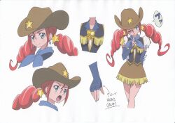 Rule 34 | 1girl, absurdres, artist request, blue gloves, brooch, brown skirt, character sheet, concept art, cowboy hat, cowgirl (western), drill hair, earrings, elbow gloves, eyelashes, fingerless gloves, freckles, gloves, hair ornament, happinesscharge precure!, happy, hat, highres, jewelry, looking at viewer, magical girl, miniskirt, official art, one eye closed, open mouth, precure, puffy short sleeves, puffy sleeves, red haired cure (bomber girls precure) (happinesscharge precure!), short sleeves, simple background, skirt, smile, solo, source request, speech bubble, standing, star (symbol), star hair ornament, translation request, twintails, vest, white background