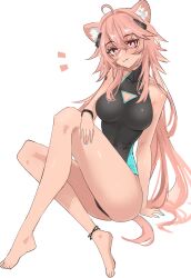 Rule 34 | 1girl, absurdres, animal ear fluff, animal ears, anklet, aqua nails, arknights, bare shoulders, barefoot, black one-piece swimsuit, blush, bracelet, breasts, bright pupils, casual one-piece swimsuit, cleavage, full body, gravel (arknights), highres, jewelry, knees up, large breasts, legs, long hair, nail polish, one-piece swimsuit, parted lips, pink hair, red eyes, shino duka, simple background, sitting, smile, solo, split mouth, swimsuit, tail, toes, very long hair, white background