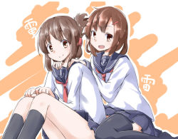 Rule 34 | 10s, 2girls, anchor symbol, black socks, brown eyes, brown hair, character name, commentary request, fang, folded ponytail, hair ornament, hairclip, hands on another&#039;s shoulders, highres, ikazuchi (kancolle), inazuma (kancolle), kantai collection, kneehighs, knees up, looking at viewer, multiple girls, neckerchief, open mouth, school uniform, sekira ame, serafuku, short hair, sitting, skirt, smile, socks, thighhighs, wariza