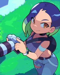 Rule 34 | 1girl, absurdres, armband, backpack, bacun, bag, blue hair, bob cut, breasts, brown eyes, camera, commentary, cowboy shot, creatures (company), denim, english commentary, from above, game freak, grass, green hair, highres, holding, holding camera, jeans, looking at viewer, medium breasts, medium hair, midriff, multicolored hair, nintendo, off-shoulder shirt, off shoulder, outdoors, pants, perrin (pokemon), photographer, pokemon, pokemon sv, ribbed shirt, shirt, smile, solo, torn clothes, torn jeans, torn pants, watch, wristwatch