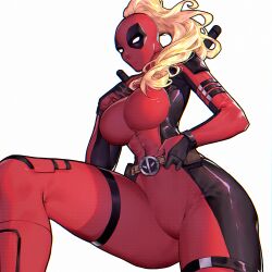 1girl adjusting_belt belt blonde_hair bodysuit breasts cowboy_shot curvy dbn deadpool_&amp;_wolverine deadpool_(series) high_ponytail katana lady_deadpool long_hair looking_at_viewer marvel mask medium_breasts ponytail sheath sheathed simple_background solo superhero_costume sword sword_behind_back thick_thighs thigh_strap thighs utility_belt weapon weapon_on_back white_background wide_hips