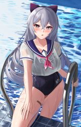 Rule 34 | 1girl, :o, absurdres, aircell, bandaid, blue one-piece swimsuit, blush, bow, bronya zaychik, bronya zaychik (silverwing: n-ex), drill hair, grey eyes, grey hair, hair bow, highres, holding, honkai (series), honkai impact 3rd, long hair, looking at viewer, one-piece swimsuit, open mouth, pool, pool ladder, poolside, sailor collar, short sleeves, solo, swimsuit, twin drills, water, wet, wet clothes