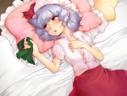 Rule 34 | 1girl, alternate costume, bad id, bad pixiv id, bed, blush, casual, female focus, frilled pillow, frills, holding, kakoumaru, lying, on back, on bed, open clothes, open shirt, orange eyes, pillow, remilia scarlet, ribbon, shirt, short hair, short sleeves, skirt, solo, striped clothes, striped shirt, touhou, unbuttoned
