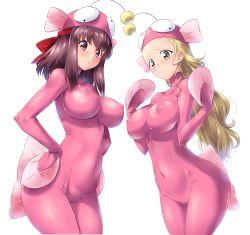 Rule 34 | 2girls, anglerfish costume, blonde hair, blush, bodysuit, breasts, brown eyes, brown hair, cameltoe, closed mouth, collarbone, covered erect nipples, covered navel, girls und panzer, green eyes, groin, hands on own hips, highres, impossible bodysuit, impossible clothes, kondou taeko, kuzuryuu kennosuke, large breasts, long hair, looking at viewer, looking to the side, medium hair, multiple girls, no bra, no panties, open mouth, pink bodysuit, sasaki akebi, shiny clothes, shiny skin, simple background, skin tight, smile, standing, upper body, white background