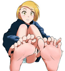 Rule 34 | 1girl, barefoot, between toes, blonde hair, feet, foot focus, hair ornament, hairclip, hands on feet, panties, pantyshot, parted lips, pov, short hair, sitting, soles, striped clothes, striped panties, toes, underwear, yellow eyes