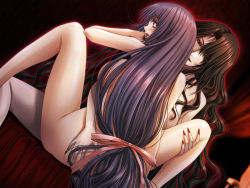 Rule 34 | 2girls, ass grab, blush, breasts, brown hair, dutch angle, female focus, from behind, game cg, hair over one eye, indoors, kotomi youji, long hair, moaning, multiple girls, nipples, nude, open mouth, profile, purple hair, ribbon, smile, spread legs, thigh grab, thighs, very long hair, wavy hair, yami no koe, yuri