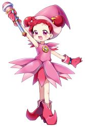 Rule 34 | 1girl, bad id, bad pixiv id, boots, double bun, fortissimo, full body, gloves, hair bun, hair ornament, harukaze doremi, hat, highres, looking at viewer, magical girl, musical note, musical note hair ornament, ojamajo doremi, open mouth, pink eyes, pink footwear, pink gloves, pink hat, red hair, solo, songmil, transparent background, white background