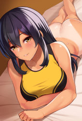 Rule 34 | 1girl, ass, bare arms, bare shoulders, bed sheet, blush, bottomless, breasts, collarbone, feet out of frame, hair between eyes, huyumitsu, large breasts, long hair, looking at viewer, lying, on bed, on stomach, original, parted lips, purple hair, sidelocks, smile, solo, sports bra, sweat, tan, tanline, yellow eyes
