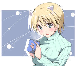 Rule 34 | 10s, 1girl, animal ears, bad id, bad pixiv id, blonde hair, blue eyes, blush, brave witches, cup, fang, hajime (kin&#039;you club), looking at viewer, nikka edvardine katajainen, ribbed sweater, solo, strike witches, sweater, world witches series