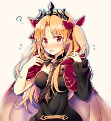 Rule 34 | 1girl, asymmetrical sleeves, black dress, black sleeves, blonde hair, blush, bow, breasts, cape, diadem, dress, earrings, embarrassed, ereshkigal (fate), fate/grand order, fate (series), hair bow, jewelry, long hair, medium breasts, open mouth, red bow, red cape, red eyes, serino itsuki, simple background, single sleeve, sleeveless, sleeveless dress, solo, twintails, uneven sleeves, upper body, very long hair, white background