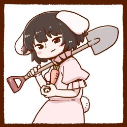 Rule 34 | 1girl, :3, animal ears, black hair, blush stickers, border, carrot necklace, dress, holding, holding shovel, inaba tewi, jewelry, looking at viewer, money gesture, necklace, over shoulder, pink dress, poronegi, rabbit ears, rabbit tail, red eyes, short hair, short sleeves, shovel, solo, tail, touhou, white background