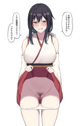 Rule 34 | 1girl, black hair, breasts, cleft of venus, clenched teeth, clothes lift, collarbone, detached sleeves, embarrassed, epaulettes, female pubic hair, gluteal fold, highres, kantai collection, large breasts, looking at viewer, medium hair, nontraditional miko, panties, panty pull, pubic hair, red eyes, red skirt, ribbon-trimmed sleeves, ribbon trim, simple background, skirt, skirt lift, solo, takaman (gaffe), teeth, translated, underwear, upper body, white background, white panties, wide sleeves, yamashiro (kancolle)