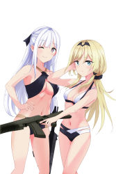 Rule 34 | 2girls, ak-12 (girls&#039; frontline), an-94 (girls&#039; frontline), bikini, blonde hair, blue eyes, breasts, cleavage, closed mouth, girls&#039; frontline, grey eyes, halterneck, hand in own hair, highres, long hair, looking at viewer, multiple girls, nonbire, silver hair, smile, swimsuit, tagme, weapon, white background