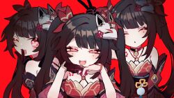Rule 34 | 3girls, :d, akaruiosoto, black gloves, bow, breasts, brown hair, cleavage, clone, closed eyes, dress, facing viewer, fox mask, gloves, gradient hair, hair bow, half-closed eyes, hands on own chin, head rest, highres, honkai: star rail, honkai (series), large breasts, long hair, looking at viewer, mask, mask on head, multicolored hair, multiple girls, one eye closed, open mouth, own hands together, pink eyes, red background, red bow, red dress, red hair, sidelocks, simple background, single glove, sleeveless, sleeveless dress, smile, sparkle (honkai: star rail), straight-on, teeth, twintails, upper body, upper teeth only, v over mouth