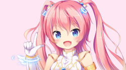 Rule 34 | 1girl, :d, angelic buster, arm up, blue eyes, blush, bow, breasts, fang, gloves, hair between eyes, hair bow, horns, index finger raised, long hair, looking at viewer, maplestory, medium breasts, nekono rin, open mouth, pink background, pink hair, shirt, simple background, sleeveless, sleeveless shirt, smile, solo, turtleneck, two side up, white bow, white gloves, white shirt