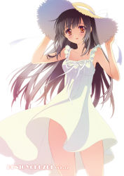 Rule 34 | 1girl, bad id, bad pixiv id, black hair, blush, carnelian, dress, hat, holding, holding hat, long hair, looking at viewer, original, red eyes, smile, solo, sun hat, sundress, white background