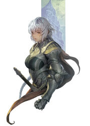 Rule 34 | 1girl, armor, armored gloves, braid, breasts, grey hair, highres, homare (fool&#039;s art), large breasts, lips, looking at viewer, original, parted lips, solo, sword, weapon, white background, yellow eyes