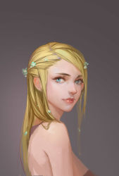 Rule 34 | 1girl, absurdres, blonde hair, blue eyes, closed mouth, commentary request, eyelashes, flower, from side, gradient background, grey background, hair flower, hair ornament, highres, light smile, lips, long hair, miao lin, nose, parted bangs, realistic, simple background, solo, upper body
