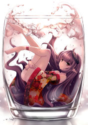 Rule 34 | 1girl, aata1007, air bubble, anklet, ass, bare shoulders, barefoot, black hair, blunt bangs, breasts, bubble, closed mouth, cup, drinking glass, dripping, eyebrows, floral print, full body, highres, horns, hugging own legs, ice, ice cube, in container, japanese clothes, jewelry, kikumon, kimono, legband, long hair, looking at viewer, off shoulder, original, petals, ponytail, print kimono, red theme, reflection, small breasts, smile, solo, underwater, very long hair, water, water drop