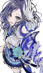 Rule 34 | 1girl, aiba uiha, bad id, bad twitter id, black hair, blue eyes, blue flower, blue skirt, bow, breasts, flower, from above, gloves, hair bow, highres, jacket, looking at viewer, nijisanji, open mouth, sketch, skirt, small breasts, smile, solo, virtual youtuber, white background, white gloves, white jacket, yubisaki (ms16nr)