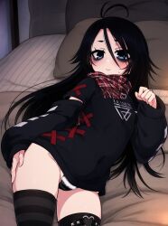 Rule 34 | 1girl, ahoge, antenna hair, bed, black hair, black panties, blue eyes, blush, closed mouth, eyeliner, flat chest, hair between eyes, long hair, long sleeves, looking at viewer, lying, makeup, no pants, on bed, original, panties, pillow, plaid, scarf, short eyebrows, smile, solo, striped clothes, striped thighhighs, thigh strap, thighhighs, umaway, underwear