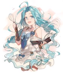 Rule 34 | 1girl, :d, ahoge, blue eyes, blue hair, blue ribbon, book, bracer, choker, cowboy shot, dress, granblue fantasy, hair ornament, hair ribbon, hairclip, holding, holding book, long hair, looking at viewer, lyria (cutie apron) (granblue fantasy), lyria (granblue fantasy), notice lines, open book, open mouth, ribbon, smile, solo, standing, very long hair, waltz (tram), whisk, white choker, white dress