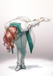 Rule 34 | 1boy, bowing, fate/grand order, fate (series), full body, gloves, lab coat, long hair, male focus, orange hair, pants, ponytail, romani archaman, solo, spotlight, white gloves, white pants