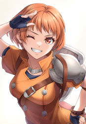 Rule 34 | 1girl, breasts, brown eyes, brown hair, commentary request, fingerless gloves, fire emblem, fire emblem: three houses, fire emblem warriors, fire emblem warriors: three hopes, gloves, grin, hand on own hip, leonie pinelli, medium breasts, nintendo, one eye closed, salute, shield, short hair, short sleeves, single shoulder pad, smile, solo, ten (tenchan man)