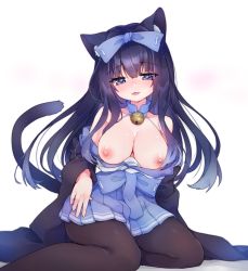 Rule 34 | 1girl, animal ear fluff, animal ears, arashio (azur lane), azur lane, bare shoulders, bell, black hair, black pantyhose, blue bow, blue skirt, blush, bow, breasts, brown pantyhose, cat ears, cat girl, cat tail, cleavage, closed mouth, collarbone, commentary request, dress, floral background, floral print, grey background, hair between eyes, hair bow, hakama, hakama short skirt, hakama skirt, head tilt, heart, heart-shaped pupils, highres, japanese clothes, jingle bell, large breasts, long hair, long sleeves, looking at viewer, naughty face, nipples, off shoulder, open clothes, open dress, pantyhose, petals, pleated skirt, purple bow, purple eyes, purple hair, saliva, saliva trail, shadow, shichijou natori, shirt, sitting, skirt, solo, symbol-shaped pupils, tail, tongue, tongue out, two-tone background, white background, white shirt, wide sleeves
