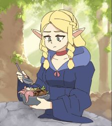 Rule 34 | 1girl, :t, animated, animated gif, artist name, blonde hair, bowl, braid, choker, cloak, commentary, dungeon meshi, ear wiggle, eating, elf, english commentary, eyebrow twitching, food, foodgasm, frown, green eyes, hood, hood down, looking at object, looping animation, marcille donato, mushroom, open mouth, parted bangs, patreon username, pointy ears, red choker, rtil, solo, sparkle, sparkling eyes, spoon, sunlight, surprised, tentacles, tree, twin braids, watermark, web address, wide sleeves