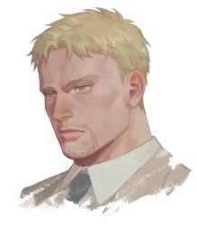 Rule 34 | 1boy, beige jacket, blonde hair, collared shirt, commentary request, cropped shoulders, expressionless, facial hair, goatee, looking to the side, male focus, marley military uniform, mature male, necktie, portrait, reiner braun, shingeki no kyojin, shirt, short hair, sideburns, solo, white background, yellow eyes, zoo (oukakumaku)