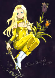 Rule 34 | 1990s (style), 1girl, ao (pixiv1743221), blonde hair, blue eyes, boots, celes chere, detached sleeves, earrings, female focus, final fantasy, final fantasy vi, flower, full body, highres, jewelry, long hair, plant, solo, sword, weapon