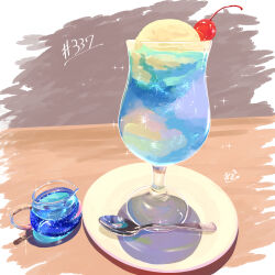 Rule 34 | absurdres, cherry, cup, drink, drinking glass, food, food focus, fruit, highres, ice cream, ice cream float, no humans, original, plate, soda, spoon, takisou sou
