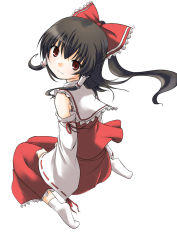 Rule 34 | 1girl, black hair, bow, collar, detached sleeves, dress, female focus, hair bow, hakurei reimu, long hair, long sleeves, looking at viewer, nanahoshi pal, ponytail, red bow, red dress, red eyes, ribbon-trimmed sleeves, ribbon trim, simple background, solo, touhou, white background