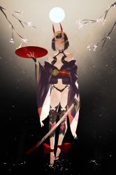 Rule 34 | 1girl, ankle ribbon, bare shoulders, black hair, blood, blood on face, bloody weapon, bob cut, breasts, cherry blossoms, closed mouth, cup, falling petals, fate/grand order, fate (series), full body, full moon, headpiece, highres, holding, holding sword, holding weapon, horns, japanese clothes, katana, kimono, kuronoiparoma, leg ribbon, licking lips, looking at viewer, moon, obi, obijime, off shoulder, open clothes, open kimono, petals, purple eyes, purple kimono, revealing clothes, ribbon, sakazuki, sash, short hair, short kimono, shuten douji (fate), skin-covered horns, small breasts, smile, solo, standing, sword, tongue, tongue out, weapon