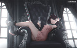 Rule 34 | 1girl, ankle boots, armpits, artist name, asymmetrical bangs, black choker, black hair, black jacket, boots, chair, character name, choker, commentary, copyright name, creatures (company), cup, curtains, dress, english commentary, game freak, hair ribbon, high heel boots, high heels, holding, holding cup, indoors, jacket, long sleeves, looking at viewer, marnie (pokemon), nintendo, open clothes, pink dress, pokemon, pokemon swsh, ribbon, sitting sideways, solo, teacup, thighs, vertigris, window